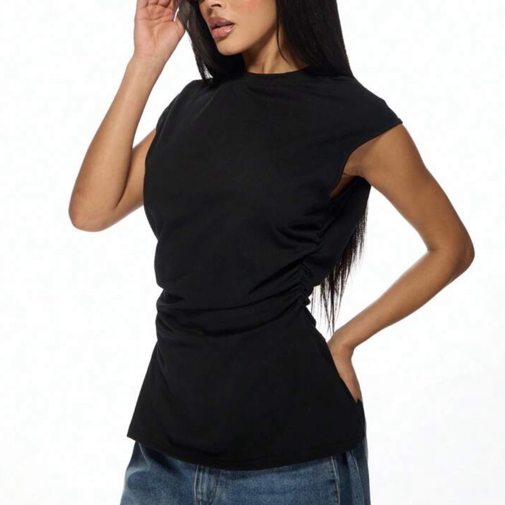 Black ruched side detail cinched waist tee shirt